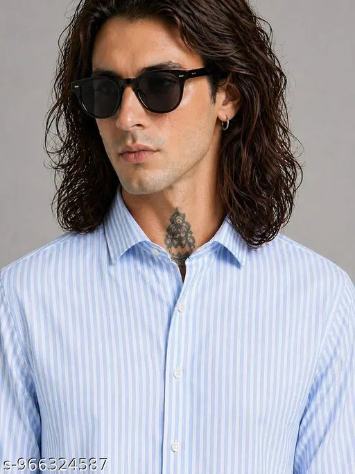 Fubar Men’s Slim Fit Striped Cotton Casual Shirt – Blue