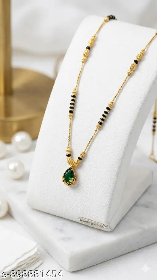 Gold Plated Black Beads Mangalsutra with Green Pendant