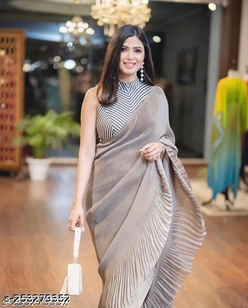 Grey Chinon Crush Saree – Pleated Party Wear