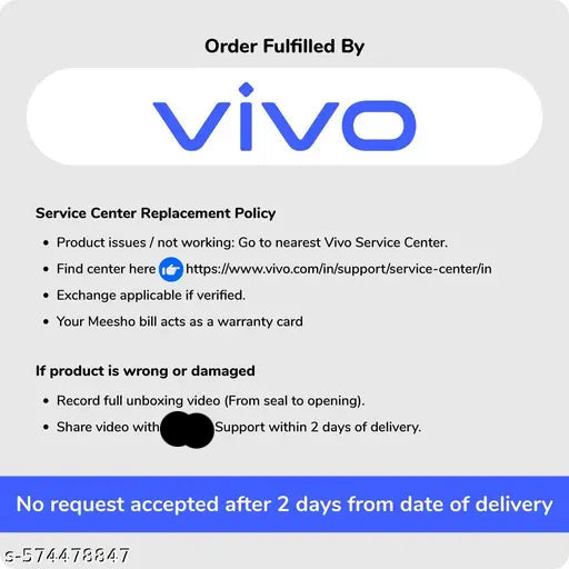 Vivo service center replacement policy information on a white background