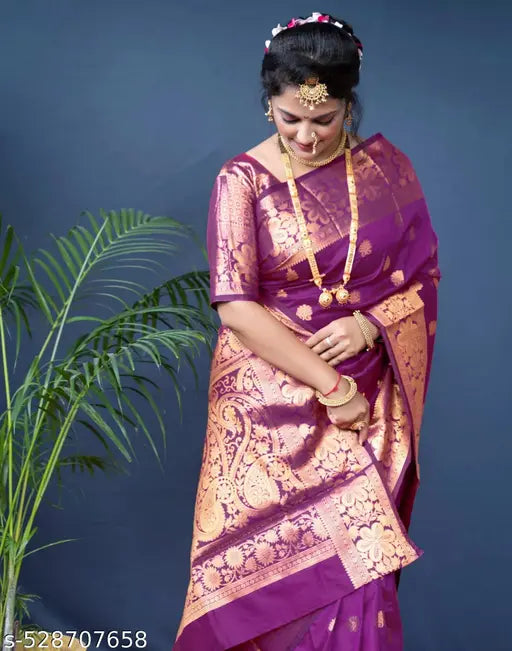 Wine Banarasi Silk Saree – Rich Golden Zari Border & Heavy Pallu