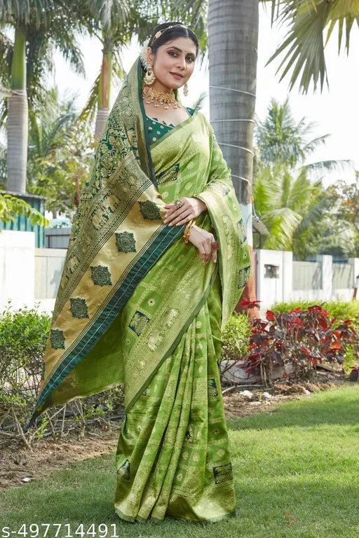 Cotton Silk Jacquard Saree - Green Banarasi Saree
