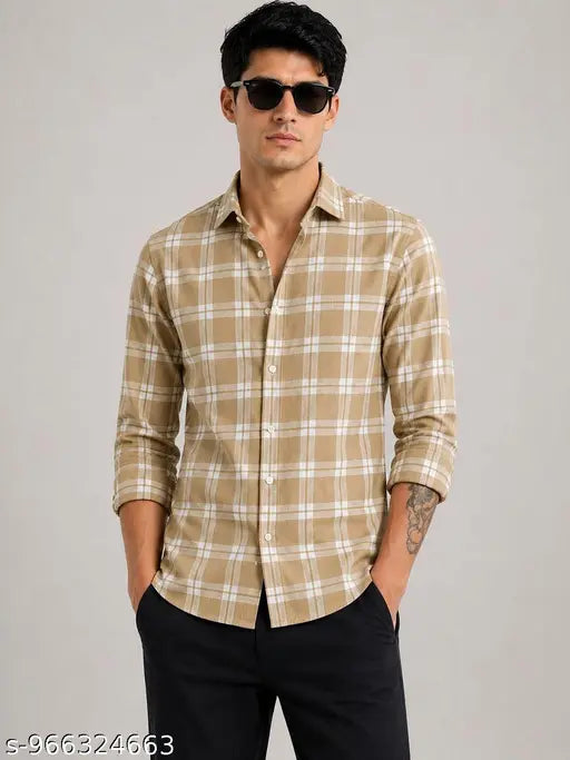 Men’s Slim Fit Checked Cotton Casual Shirt – Beige
