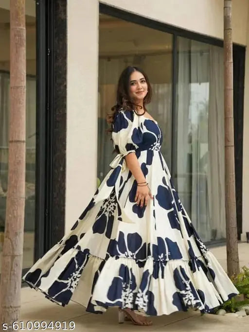 Women’s Floral Printed Puff Sleeve Maxi Dress – Blue & White, Crepe Inner