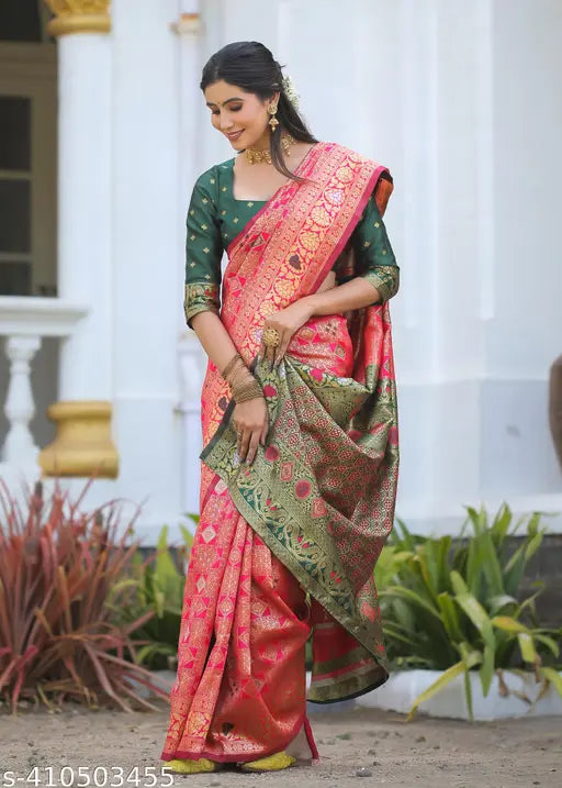 English Pink Cotton Silk Jacquard Saree – Banarasi Party Wear