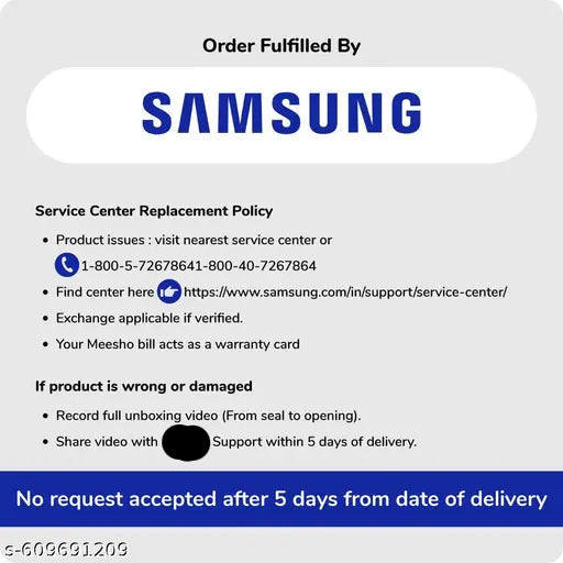 Samsung service center replacement policy card with contact information and warranty details.