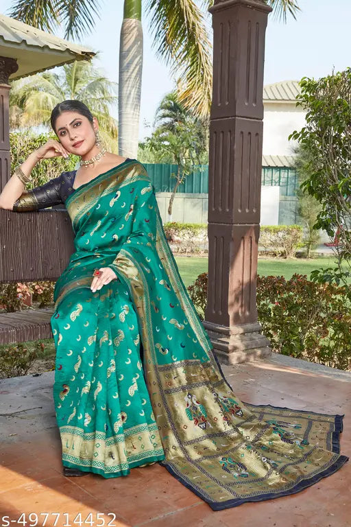 Teal Premium Cotton Silk Jacquard Saree with Artisanal Peacock Motifs