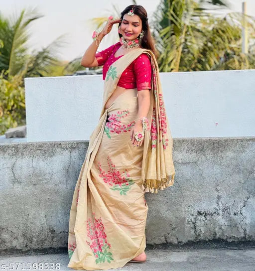 White Soft Muga Cotton Saree – Ethnic Floral Weaving