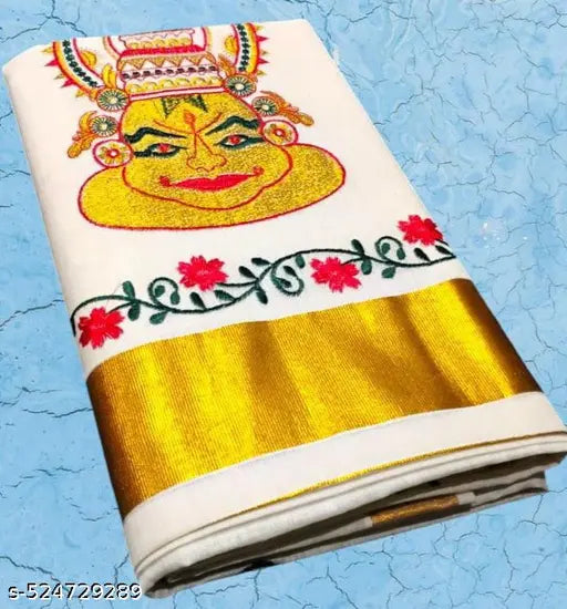 Onam Special Kerala Kasavu Saree | Full Embroidery Cotton Blend with Running Blouse