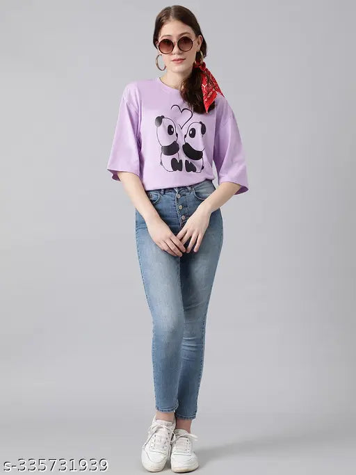 Women’s Oversized Funky Print Cotton Blend T‑Shirt – Lavender