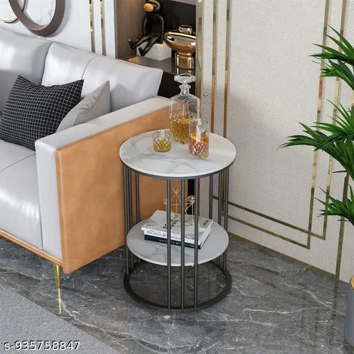 Black Frame Marble Look Nightstand for Living Room & Bedroom