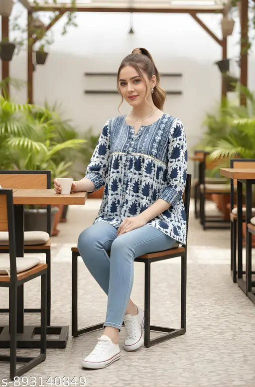Women’s Jaipuri Printed Cotton Short Top – Navy Blue