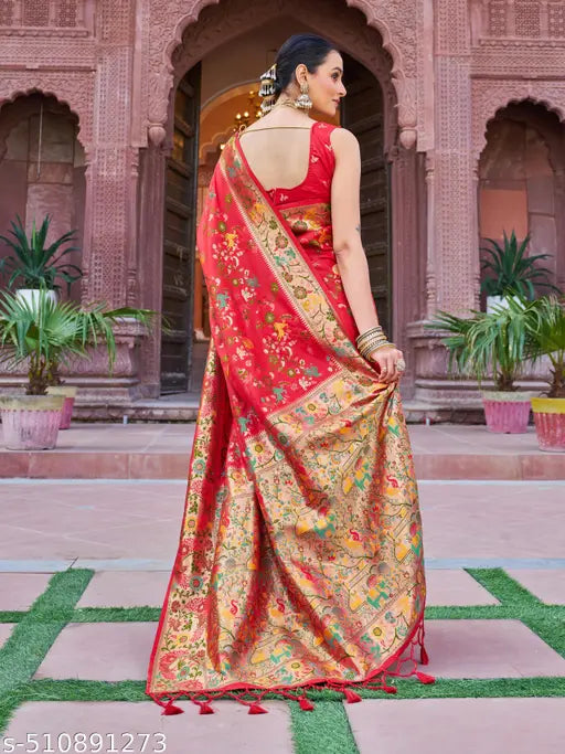 Kanchipuram Paithani Silk Saree | Red Handloom with Gold Zari Work