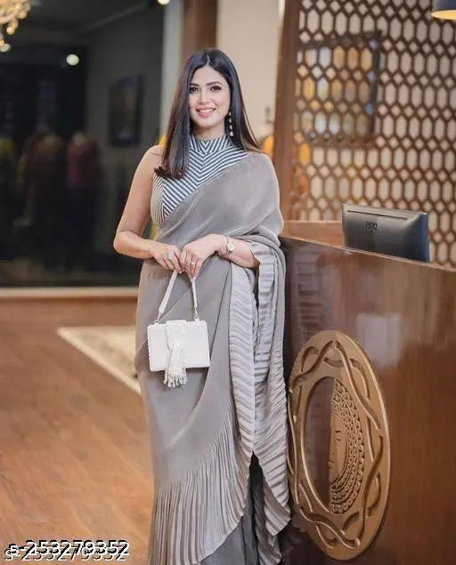 Grey Chinon Crush Saree – Pleated Party Wear
