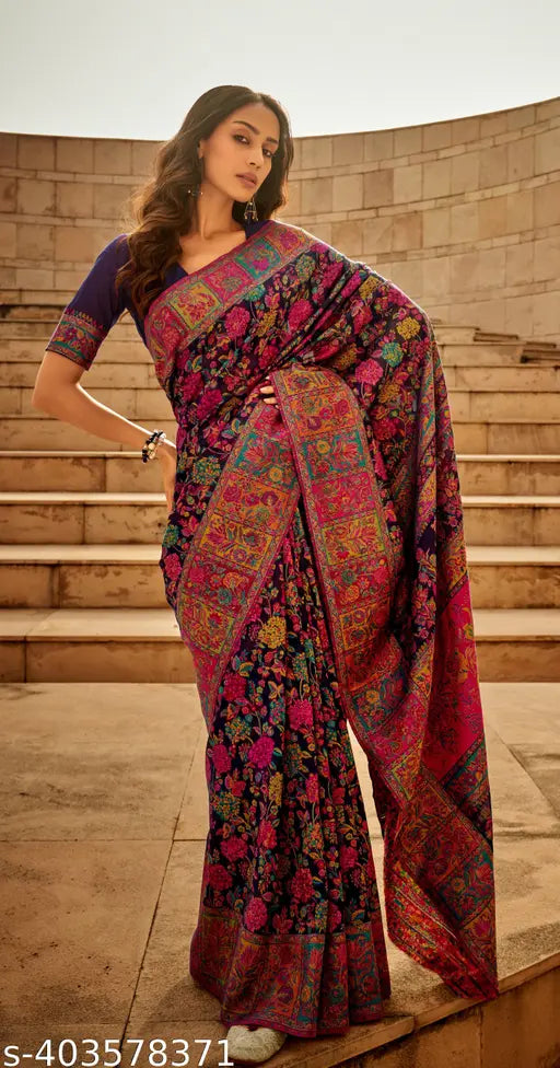 Navy Blue Pure Jamewar Kashmiri Modal Handloom Paithani Silk Saree