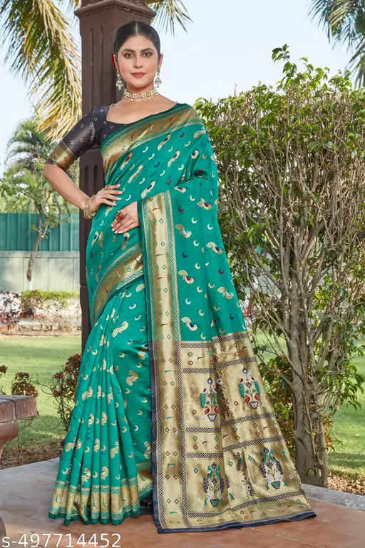 Teal Premium Cotton Silk Jacquard Saree with Artisanal Peacock Motifs