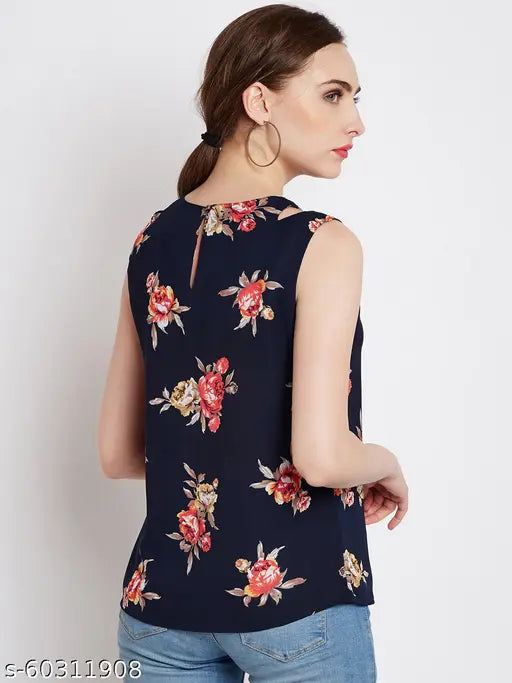 Women’s Floral Printed Sleeveless Polyester Top – Navy Blue