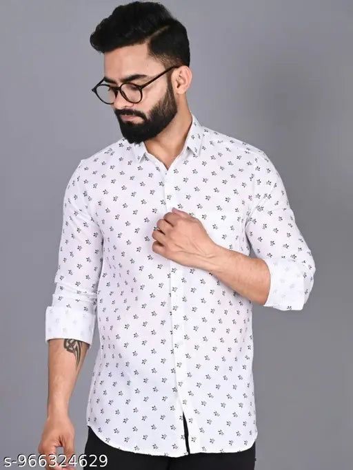 Men’s Slim Fit Printed Cotton Casual Shirt – White