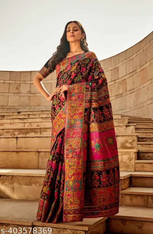 Black Jamewar Kashmiri Paithani Silk Saree – Heritage Handloom Weaving