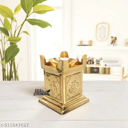 Onam Special Brass Tulsi Diya | Engraved Om & Swastik Oil Lamp