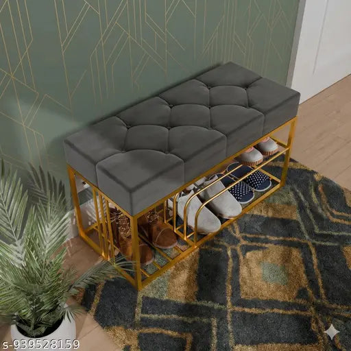 Upholstered End of Bed Bench with Shoe Storage | Black Metal Frame Ottoman Seating