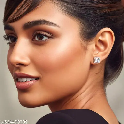 Luxury Cushion Cut CZ Halo Stud Earrings | Silver Plated