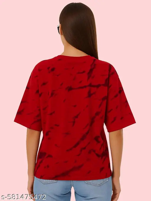 Women’s Oversized Printed Cotton Blend T‑Shirt – Red, Drop Shoulder
