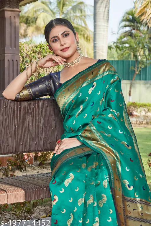 Teal Premium Cotton Silk Jacquard Saree with Artisanal Peacock Motifs