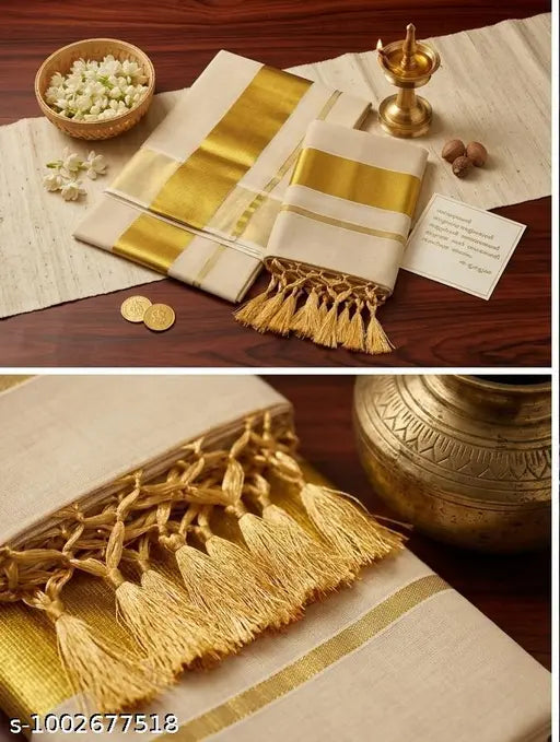 Onam Special Tissue Setumundu | Kerala Traditional Kasavu Saree Style (2×2.8M)