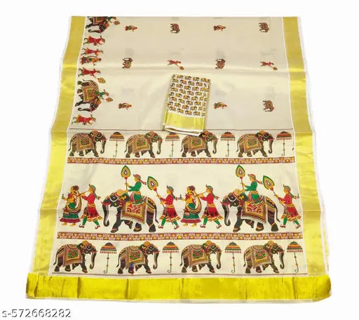 Onam Special Kerala Golden Tissue Saree | Pallakku Mural Print Kasavu with Running Blouse