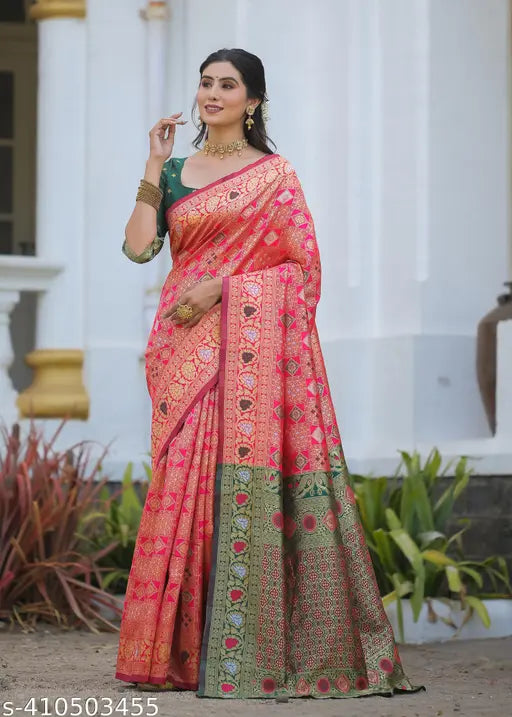 English Pink Cotton Silk Jacquard Saree – Banarasi Party Wear