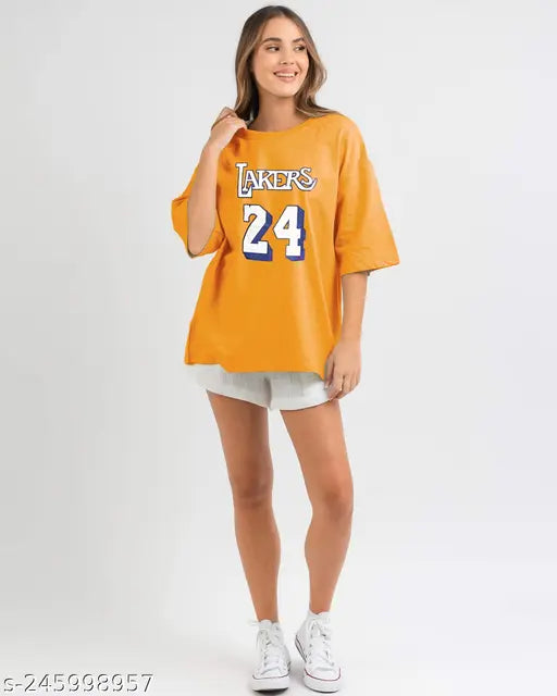 Oversized Cotton‑Blend Round Neck Printed T‑Shirt – Mustard