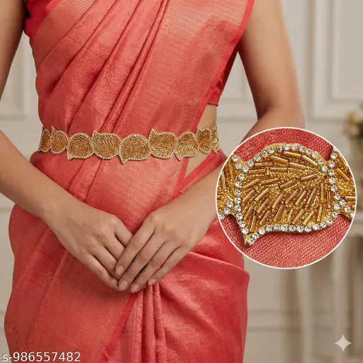 Onam Special Saree Kamarband | Gold Waist Belt with White Stones (Adjustable 24–42 inch)