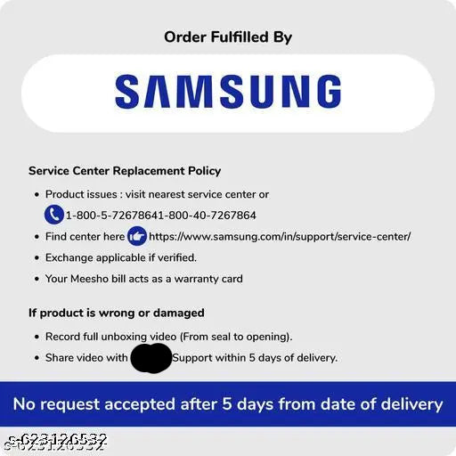 Samsung service center replacement policy card with contact information and warranty details.