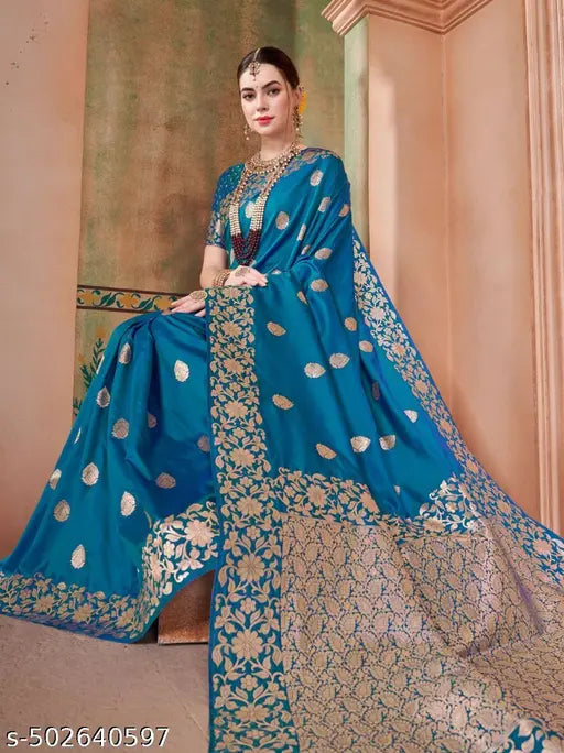 Sky Firozi Pure Banarasi Silk Saree – Handloom Floral Zari Work