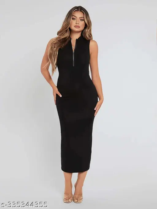 Solid Sleeveless Bodycon Dress – Black, Calf Length