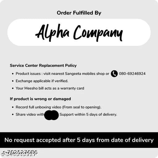 Service center replacement policy card for Alpha Company with contact information.
