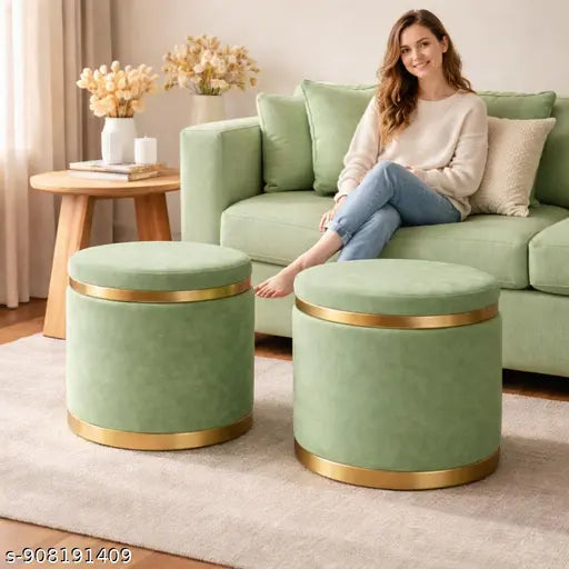 Velvet Round Ottoman Stool with Gold Base | Pista Color