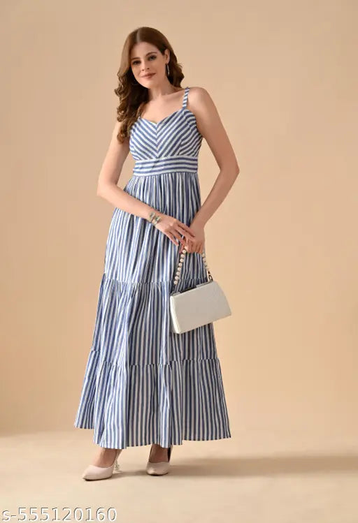 Women’s Blue & White Striped Cotton Maxi Dress – Sleeveless, Flared Hem