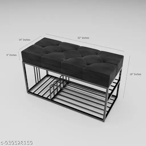 Upholstered End of Bed Bench with Shoe Storage | Black Metal Frame Ottoman Seating