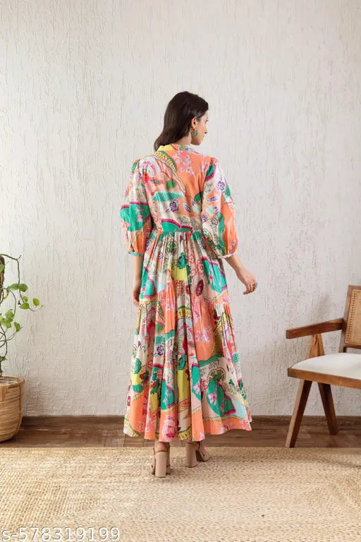 Women’s Multi‑Colored V‑Neck Fit & Flare Maxi Dress – Crepe