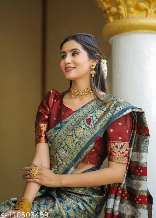English Grey Cotton Silk Jacquard Saree – Banarasi Party Wear