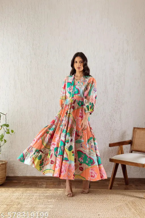 Women’s Multi‑Colored V‑Neck Fit & Flare Maxi Dress – Crepe