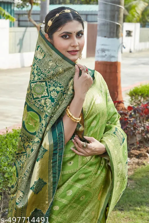 Cotton Silk Jacquard Saree - Green Banarasi Saree