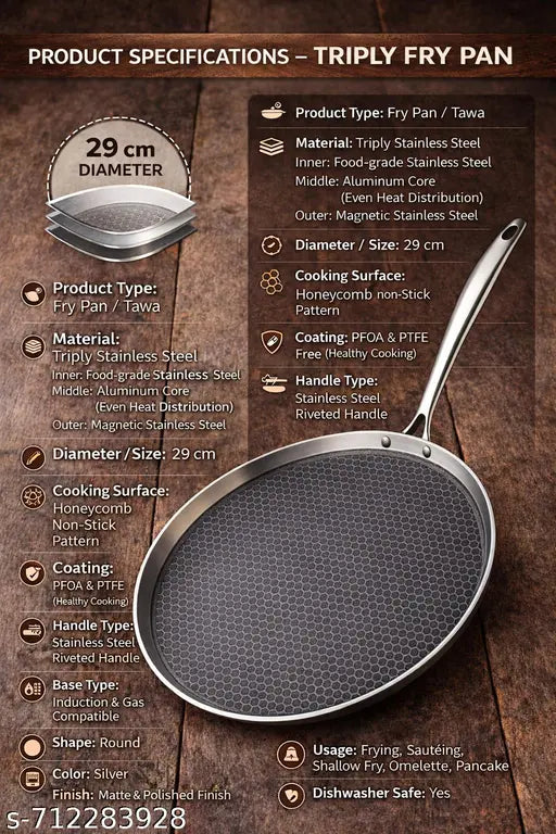 29 cm Triply Stainless Steel Fry Pan | Modern Honeycomb Non-Stick Tawa