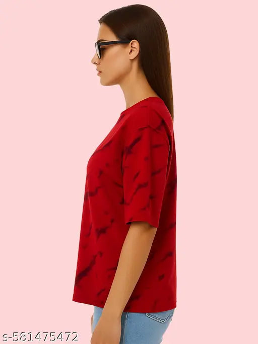 Women’s Oversized Printed Cotton Blend T‑Shirt – Red, Drop Shoulder