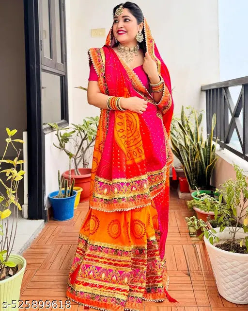Orange Bandhani Dola Silk Saree – Traditional Print with Lace Border
