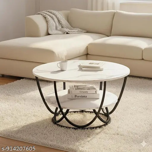 Luxury Round Marble Coffee Table | Black Metal Base Modern Center Table