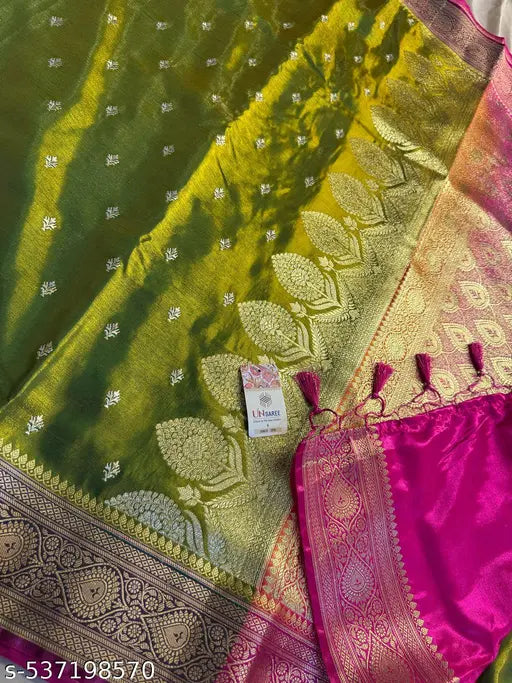 Mehendi Banarasi Satin Silk Saree – Green Zari Woven Traditional Wear