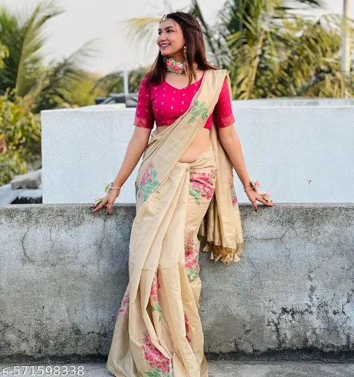 White Soft Muga Cotton Saree – Ethnic Floral Weaving